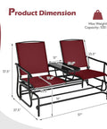 Diagram of Two Person Swing Glider Chair With Center Tempered Glass Table, showing dimensions and steel frame in burgundy.