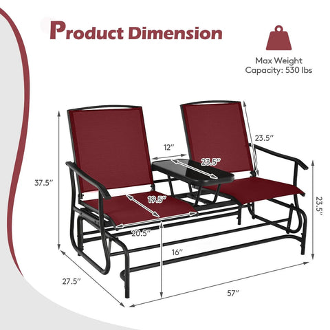 Diagram of Two Person Swing Glider Chair With Center Tempered Glass Table, showing dimensions and steel frame in burgundy.