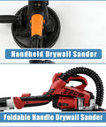 Top view of handheld drywall sander and side view of foldable handle drywall sander on white background.