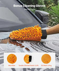 Orange microfiber cleaning glove used on car windshield with soap and water, showcasing double-stitched elastic cuffs and 3D mesh lining.
