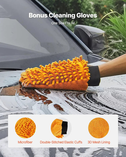 Orange microfiber cleaning glove used on car windshield with soap and water, showcasing double-stitched elastic cuffs and 3D mesh lining.