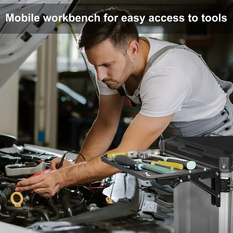 Magnetic Tool Tray Folding Work Platform For Modular Toolbox Systems, Aluminum Alloy Construction in use for car repair