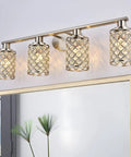 4 Light Vanity Light Fixture in Brushed Nickel With Crystal Shade, mounted over mirror, showcasing modern farmhouse style