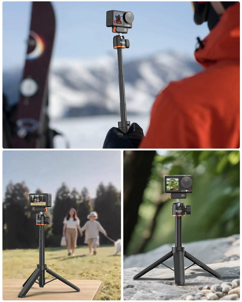 Magnetic Travel Selfie Stick Tripod For DJI Action Cameras, extended grip in snowy landscape, vlogger holding with gloved hand.