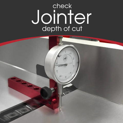 A Line It Basic Table Saw Alignment Calibration Tool With Precision Dial Indicator checking jointer depth on silver table