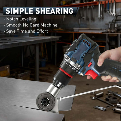 Beefed-Up Heavy Duty Metal Nibbler Drill Attachment For Quick Clean Cuts in action cutting metal panel in workshop