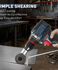 Pro Grade Heavy Duty Metal Nibbler Drill Attachment cutting metal sheet in workshop, attached to electric drill for precise cuts.