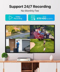 Monitor displaying 4 camera views of 8 Channel H265 Plus Home Security System With AI Human And Vehicle Detection And Night Vision, 5MP Lite DVR, Includes 4 Outdoor Indoor 1080P Dome Cams, 2MP 1920TVL, No HDD Included.