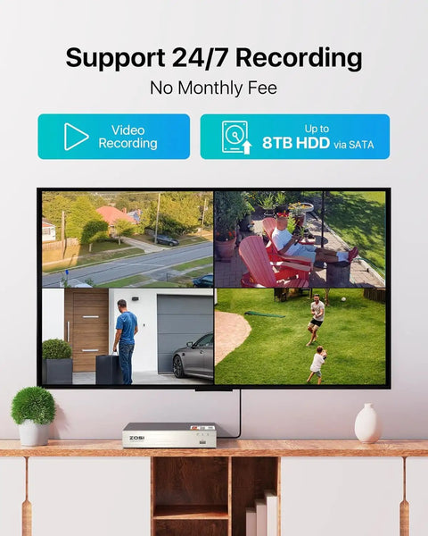 Monitor displaying 4 camera views of 8 Channel H265 Plus Home Security System With AI Human And Vehicle Detection And Night Vision, 5MP Lite DVR, Includes 4 Outdoor Indoor 1080P Dome Cams, 2MP 1920TVL, No HDD Included.