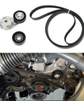 Jeep Wrangler 3.8L V6 Serpentine Belt Tensioner And Idler Pulley Beefed Up Heavy Duty Drive Kit Replacement For 2007 To 2011 Includes 39269 And 38018 One Year Warranty All In One Belt System showing components and installation detail.