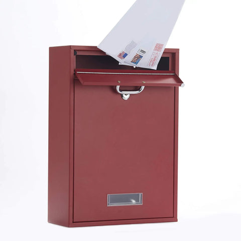 Wall Mounted Locking Vertical Dropbox Mailbox For Ultra Secure Mail Delivery In Durable Galvanized Steel Large Red With Full Open Bin Door And Two Keys For Easy Deposits And Magazine Drops, showing mail insertion.