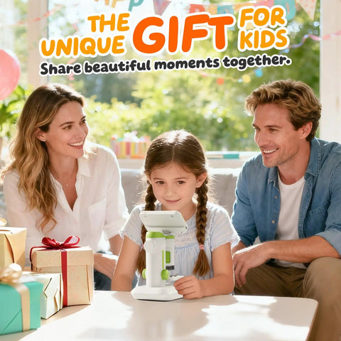 Kid Friendly 1600X Microscope With 4 Inch Digital Screen And 1080P Live View Slides Kit STEM Educational Science Toy For 3 To 14 Year Olds Perfect Christmas Or Birthday Gift For Curious Young Scientists family gift scene with child using white digital microscope