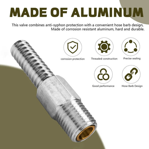 Marine Anti Siphon Valve Replacement Kit for Boat Fuel Tank Pickup Line Prevents Fuel Theft and Spillage, 1/4 In NPT, Aluminum