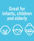 Nexcare tape promo graphic on blue background with infant, child and elderly icons and caption