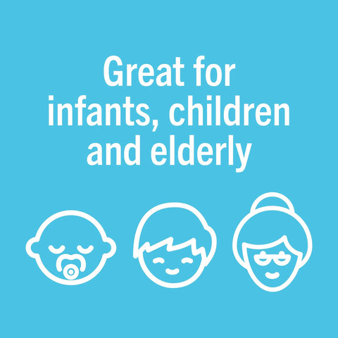 Nexcare tape promo graphic on blue background with infant, child and elderly icons and caption