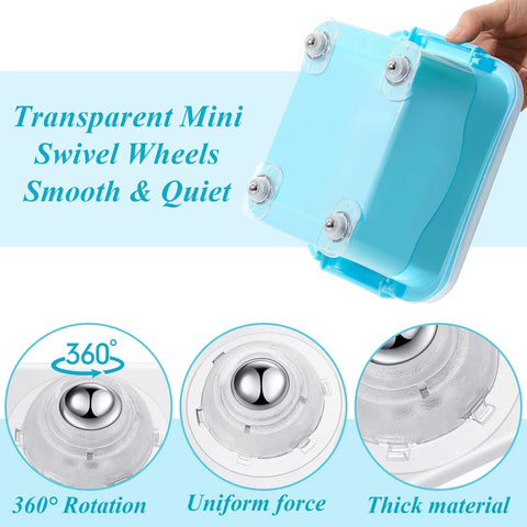 Transparent mini caster wheels with clear housing and steel balls; 24-pack self-adhesive 360° swivel appliance rollers.