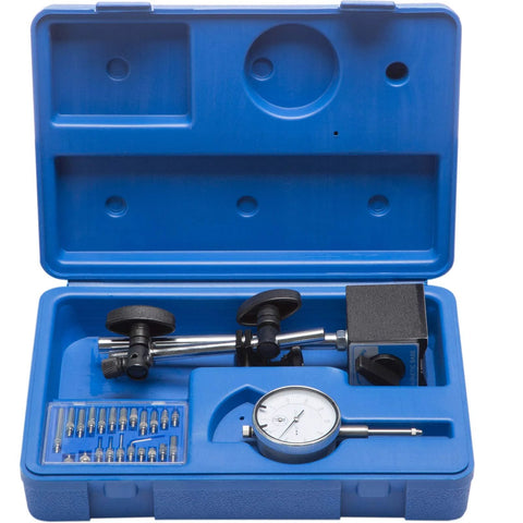 Front view of open blue case with NACHEE dial indicator, magnetic base, long arm, and accessory set.