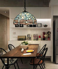 Dining room with Sea Blue Stained Glass Dragonfly Tiffany Pendant Light Fixture, 12 Inch Shade, 24 Inch Chain, Antique Finish