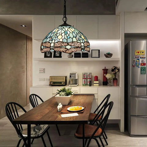 Dining room with Sea Blue Stained Glass Dragonfly Tiffany Pendant Light Fixture, 12 Inch Shade, 24 Inch Chain, Antique Finish
