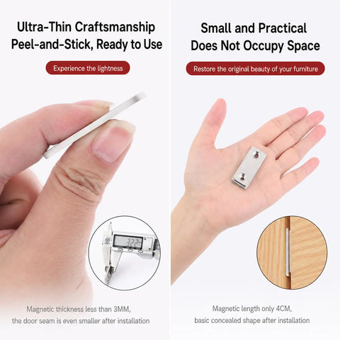 16 Pack Ultra Thin Magnetic Cabinet Catches For No Drill Adhesive Install, close-up of hand holding a silver magnet plate