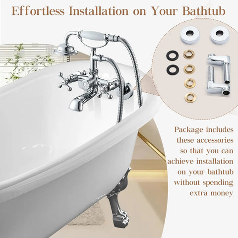 Retro Vibe Clawfoot Tub Faucet And Shower Kit, Chrome Wall Mount With Hand Shower, G1 2 Inlet, accessories displayed
