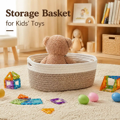 No Sweat Cotton Fabric Storage Baskets 4 Pack Organizers For Shelf And Cabinet White Khaki with kids' toys and a teddy bear.