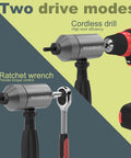 Rivet Nut Drill Adapter Kit with dual drive modes featuring drill and ratchet operation, gray finish, shown alongside tools.