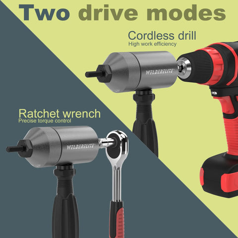 Rivet Nut Drill Adapter Kit with dual drive modes featuring drill and ratchet operation, gray finish, shown alongside tools.