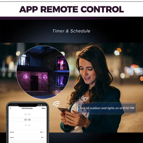 Woman using phone to control Outdoor Smart Wall Lights With Alexa And Google Assistant Control No Brainer Easy Setup RGB