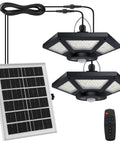 180 LED Dual Head Solar Shed Light Indoor Outdoor With Motion Sensor, remote, solar panel, black design