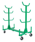 Heavy Duty Mobile Conduit And Pipe Rack Featuring Badass Seven Bin Jobsite Organizer With Hella Smooth Swivel Casters Fully Foldable Stackable Setup For Crews on wheels.