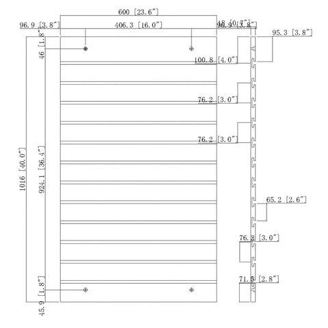 Diagram of Maple Wood Grain Slatwall Panel For Retail Display, Wall Mount Tool Organizer, 24 by 40 inches with dimensions