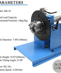 Heavy Duty Rotary Welding Positioner With Smooth Swinging 180 Mm Turntable And 65 Mm Chuck, showing table specifications and motor details.