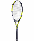 Boost Aero Yellow Tennis Racquet pre strung with white Syn Gut, mid range tension, one quarter inch grip, 260g graphite, front view.