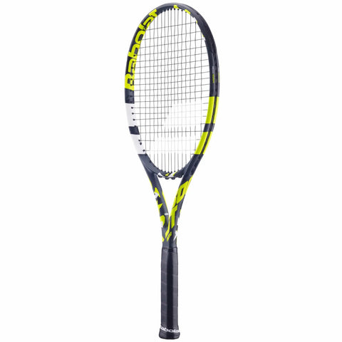 Boost Aero Yellow Tennis Racquet pre strung with white Syn Gut, mid range tension, one quarter inch grip, 260g graphite, front view.