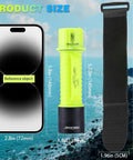 2 Pack IPX8 Waterproof Diving Flashlight with size comparison next to smartphone and strap on rocky ocean background