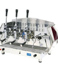 DIA 3L-R Three-Group Diamante Lever Espresso Machine In Ruby Red With 22.5 Liter Boiler, featuring lever piston and dual steam wands.