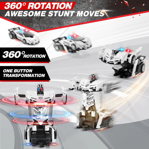 One Click Transformer RC Police Car With Realistic Flashing Lights And A Convertible Battle Robot Mode demonstrating 360° rotation