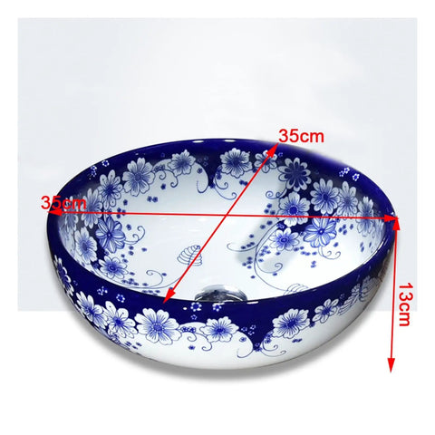 USZWBY Vessel Sinks Blue and White Porcelain Bathroom Basin Sink round ceramic bowl 35cm diameter, 13cm depth, floral design.