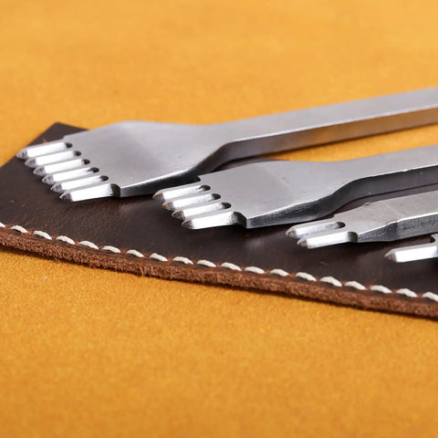 Leather Stitching Punch Kit With White Steel Prongs 5mm Pitch 1 2 4 6 Prong Tools on brown leather surface