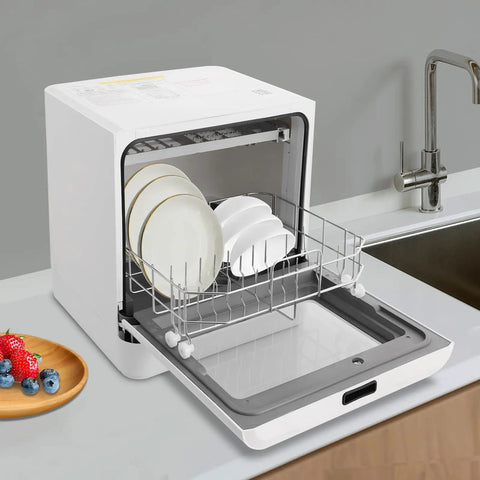 Heavy Duty Countertop Dishwasher With Four Smart Wash Cycles And Wide 360 Degree Rotating Spray and Super Roomy Mini Dishwasher displaying clean plates in basket.