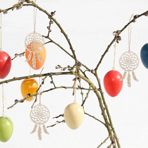 Wooden Dream Catcher Kit For DIY Painting And Decorating, 50 Unfinished Hollow Pendants, hanging on branches with painted eggs