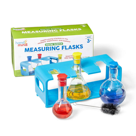 Starter Science Measuring Flasks Set For Kids with flasks in red, yellow, blue, blue stand, brush, and packaging box.