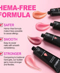 Hema-Free Poly Nail Extension Gel Kit With 6 Colors Pink Nude Clear cruelty-free vegan gels shown with swatches on pink background