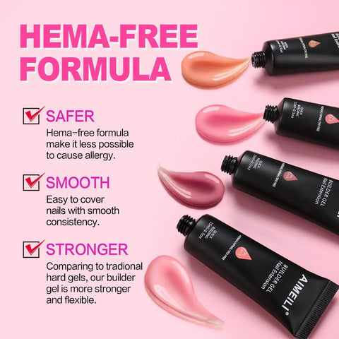 Hema-Free Poly Nail Extension Gel Kit With 6 Colors Pink Nude Clear cruelty-free vegan gels shown with swatches on pink background