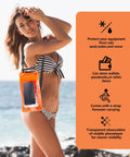 Woman at beach with orange IP68 Waterproof Roll Top Dry Bag 2L With Phone Pouch, showcasing protection and features.