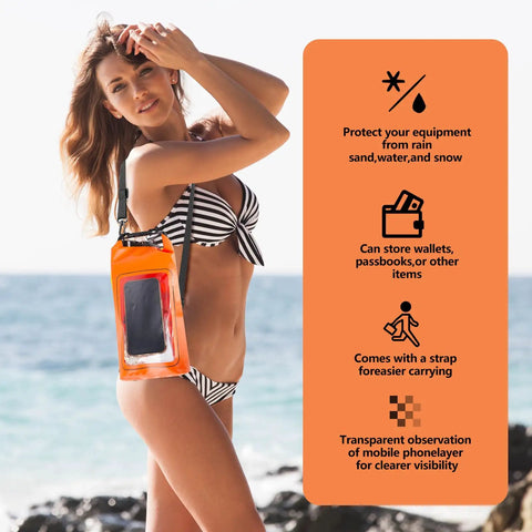 Woman at beach with orange IP68 Waterproof Roll Top Dry Bag 2L With Phone Pouch, showcasing protection and features.