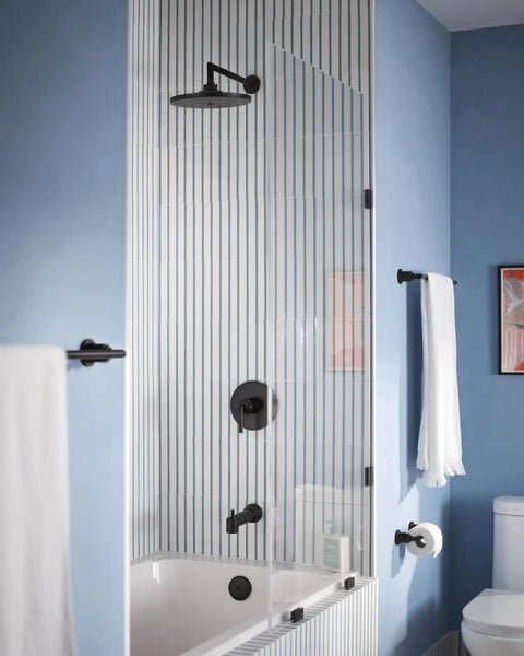 Arris 18 Inch Modern Single Towel Bar Matte Black For Bathroom And Kitchen Use on a blue bathroom wall near shower