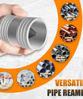 Heavy Duty Inner Outer Reaming Tool 1/4 To 1-1/4 Inch Reamer Deburr Bevel in hand with pipe types displayed