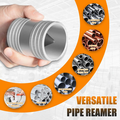 Heavy Duty Inner Outer Reaming Tool 1/4 To 1-1/4 Inch Reamer Deburr Bevel in hand with pipe types displayed